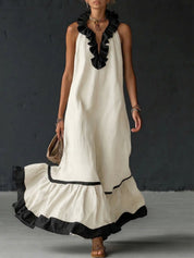 Sofia | Vestido Maxi com Folhos e Detalhe Bicolor