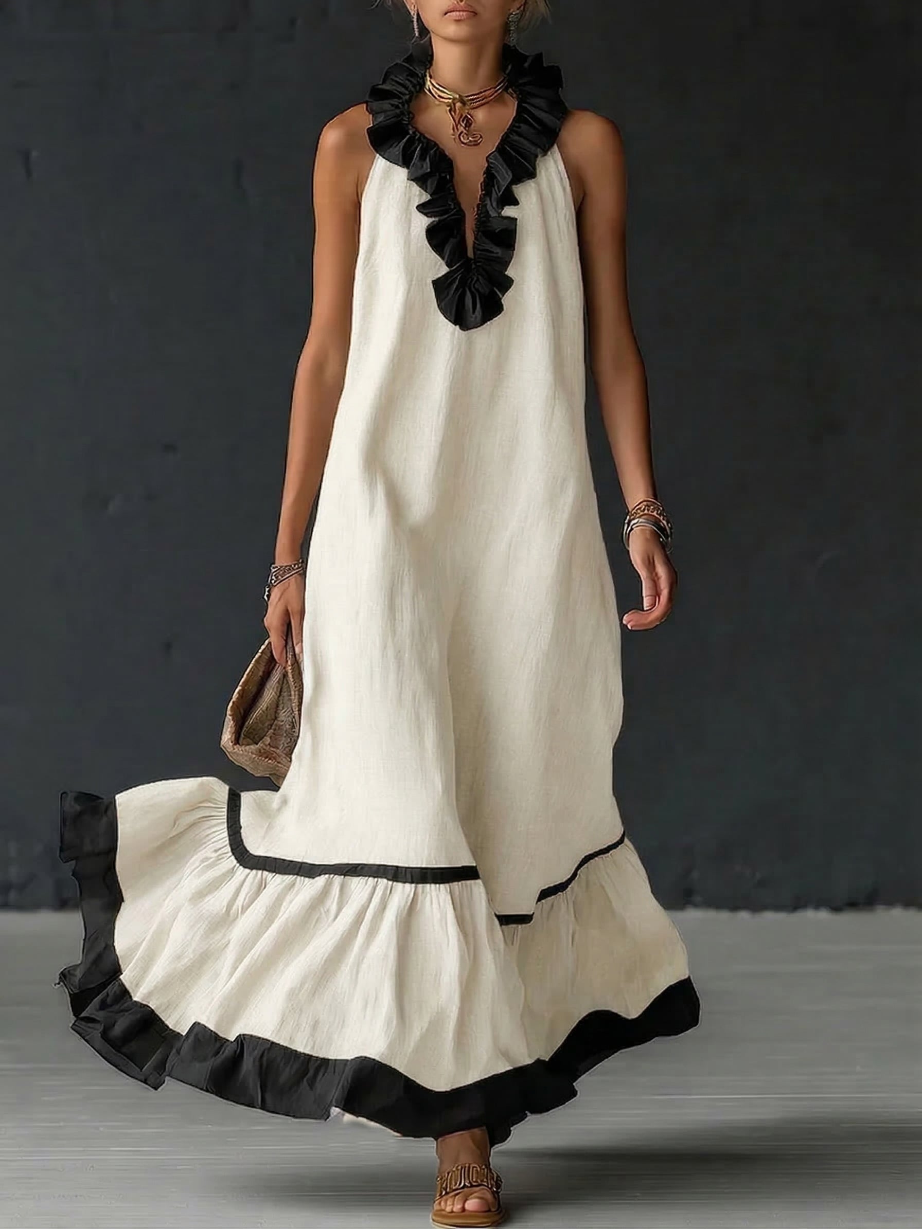 Sofia | Vestido Maxi com Folhos e Detalhe Bicolor