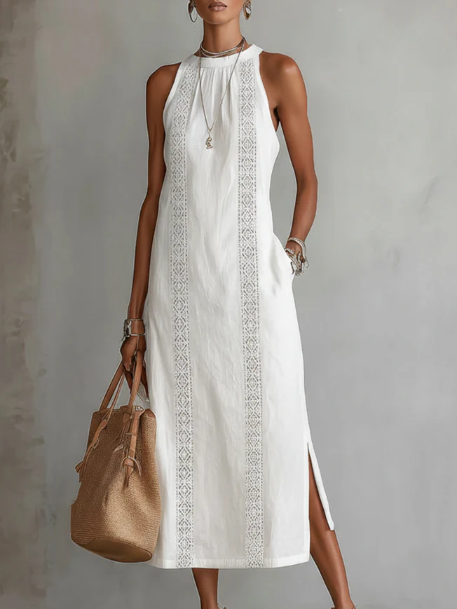 Beatriz | Vestido Midi em Linho com Renda e Colarinho Alto
