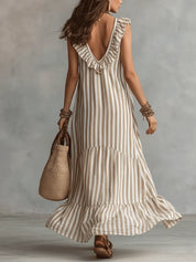 Isabel | Vestido em Algodão com Riscas e Folhos no Decote
