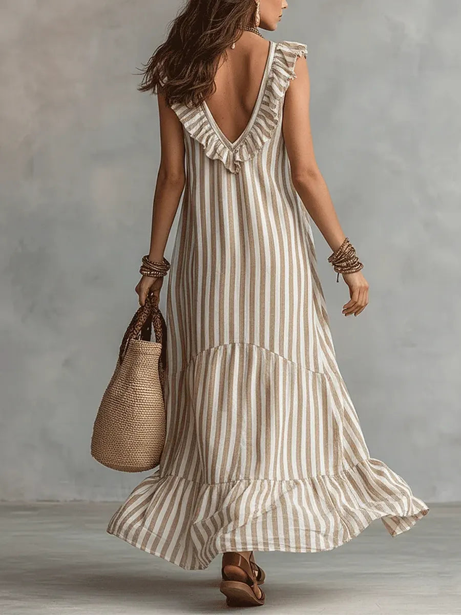 Isabel | Vestido em Algodão com Riscas e Folhos no Decote