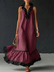 Sofia | Vestido Maxi com Folhos e Detalhe Bicolor