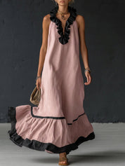 Sofia | Vestido Maxi com Folhos e Detalhe Bicolor