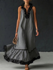 Sofia | Vestido Maxi com Folhos e Detalhe Bicolor