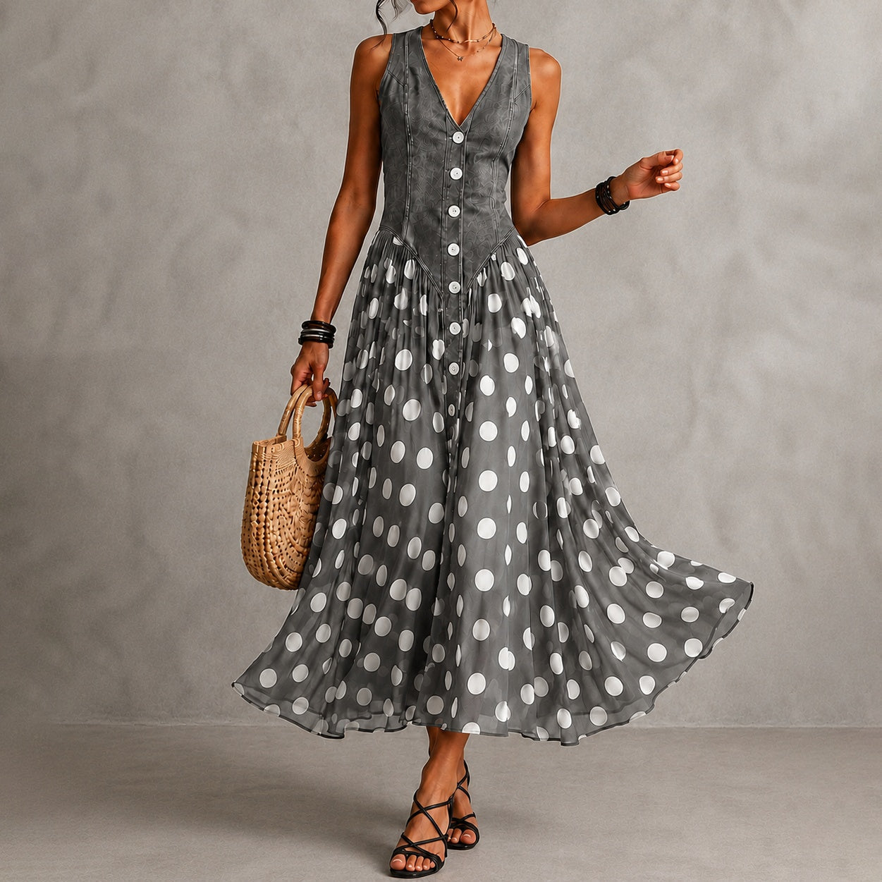 Rusca - Elegante vestido longo sem mangas de denim falso com bolinhas para Mulher