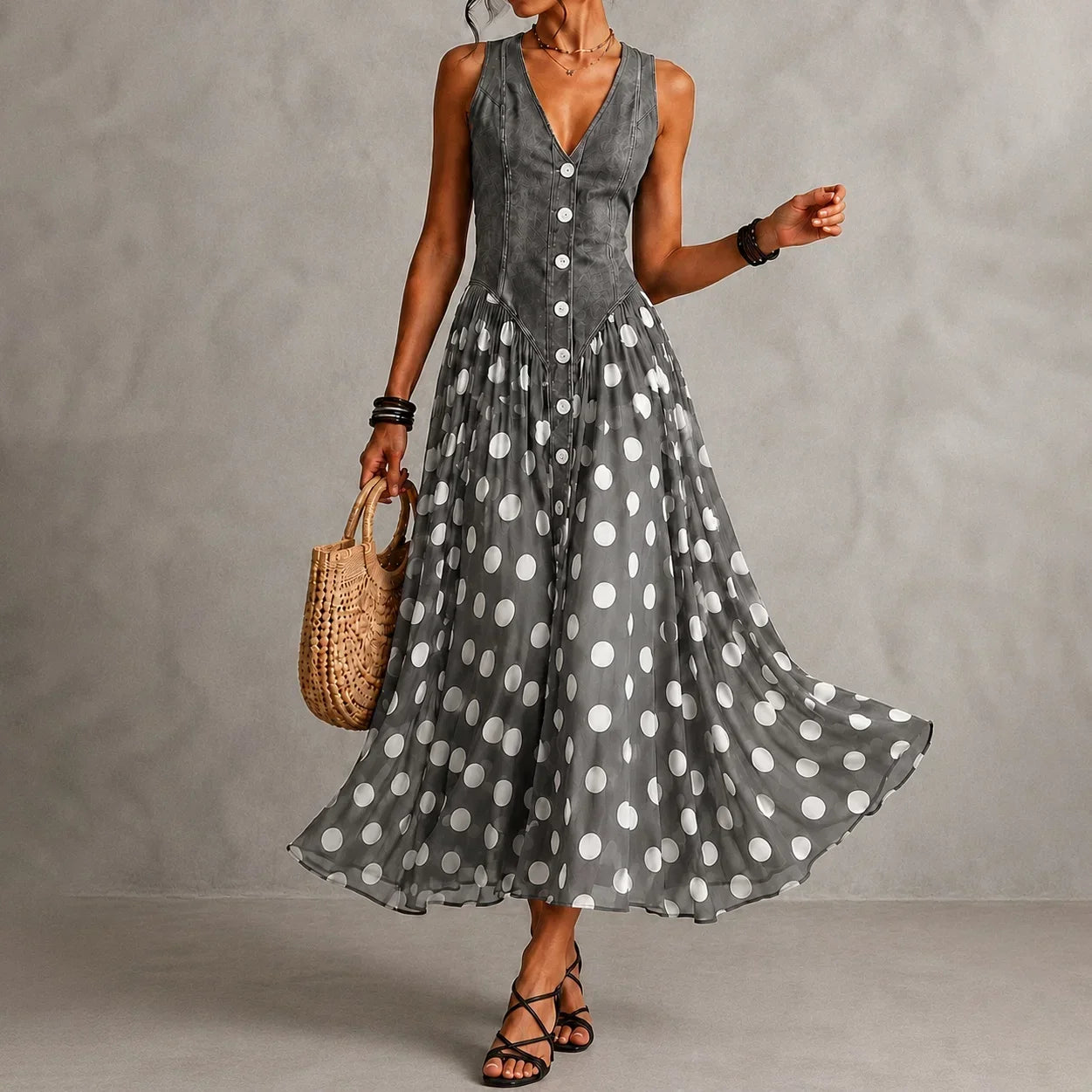Rusca - Elegante vestido longo sem mangas de denim falso com bolinhas para Mulher