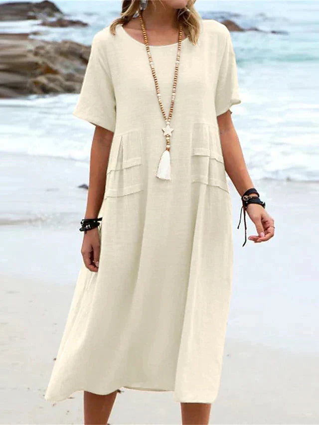 Carlota | Vestido Midi em Linho e Algodão com Gola Redonda