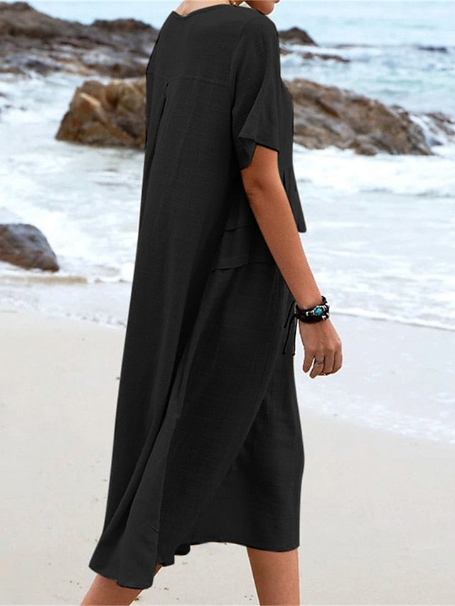 Carlota | Vestido Midi em Linho e Algodão com Gola Redonda