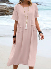 Carlota | Vestido Midi em Linho e Algodão com Gola Redonda