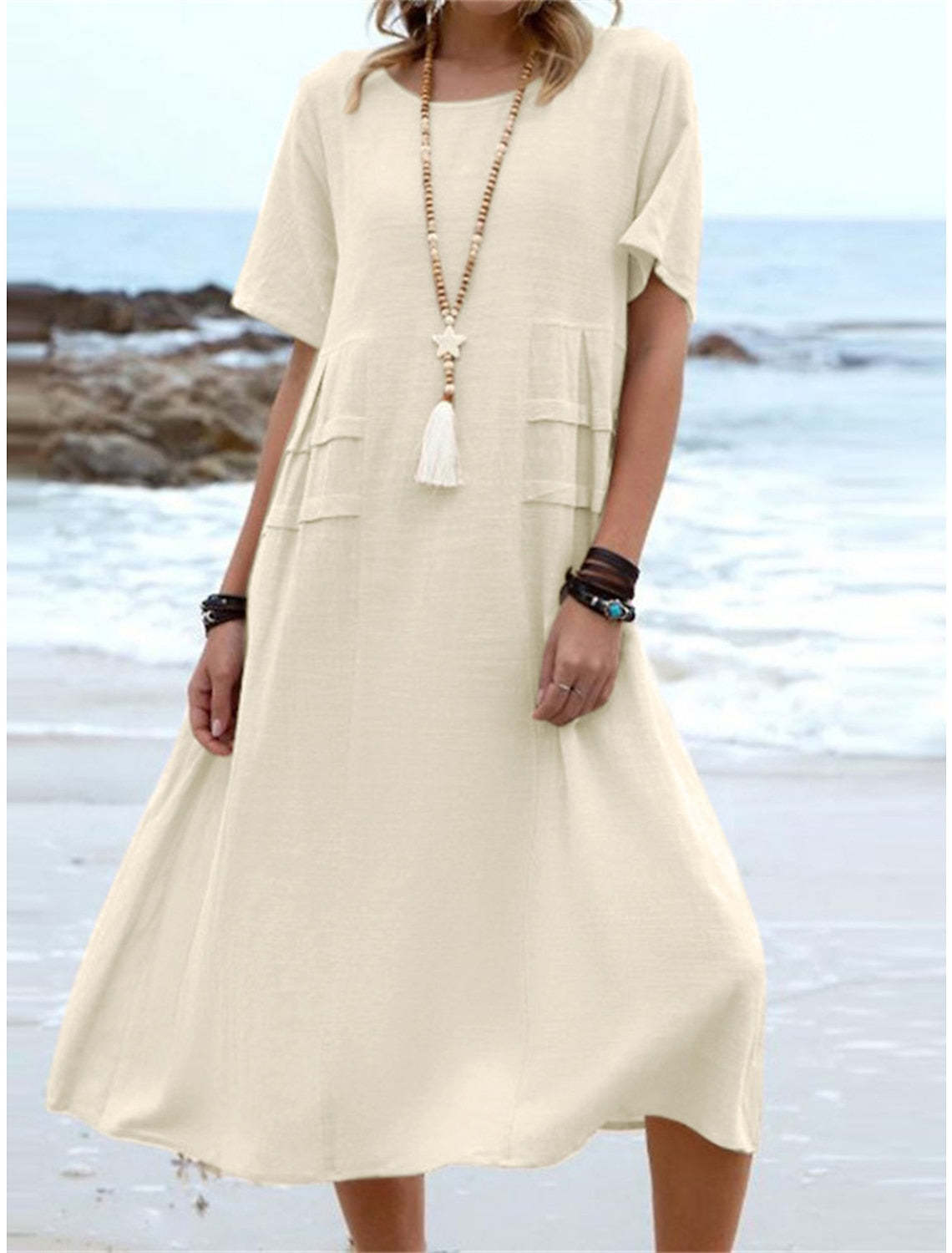 Carlota | Vestido Midi em Linho e Algodão com Gola Redonda