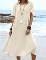 Carlota | Vestido Midi em Linho e Algodão com Gola Redonda