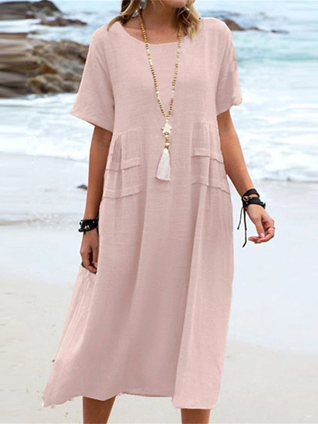 Carlota | Vestido Midi em Linho e Algodão com Gola Redonda