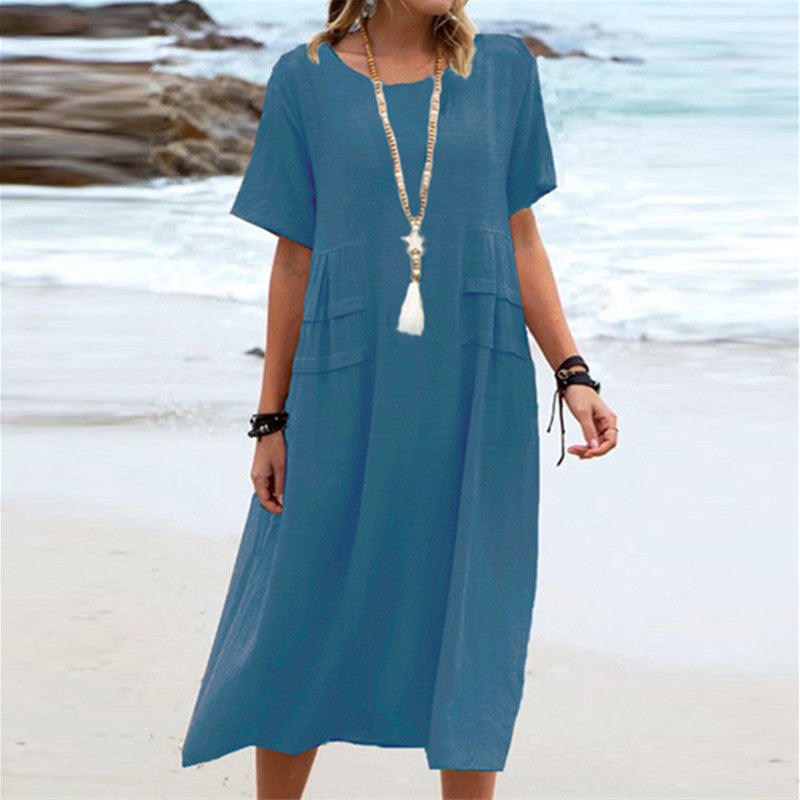 Carlota | Vestido Midi em Linho e Algodão com Gola Redonda