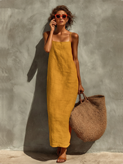 Vestido de Algodão com Alças Finas e Decote Quadrado, Estilo Boho-Resort Intemporal